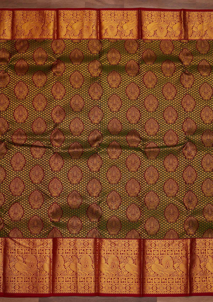 Bottle Green Zariwork Pure Silk Designer Saree - Koskii