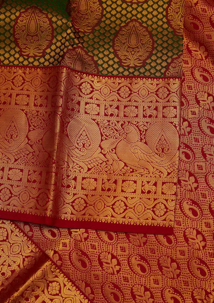 Bottle Green Zariwork Pure Silk Designer Saree - Koskii