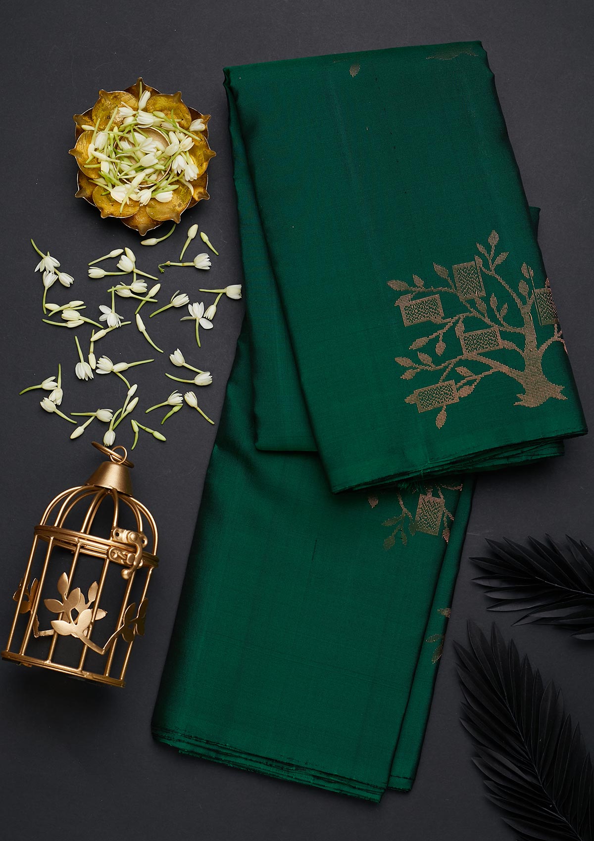 Bottle Green Zariwork Pure Silk Designer Saree - Koskii