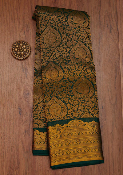 Bottle Green Zariwork Pure Silk Saree- Koskii