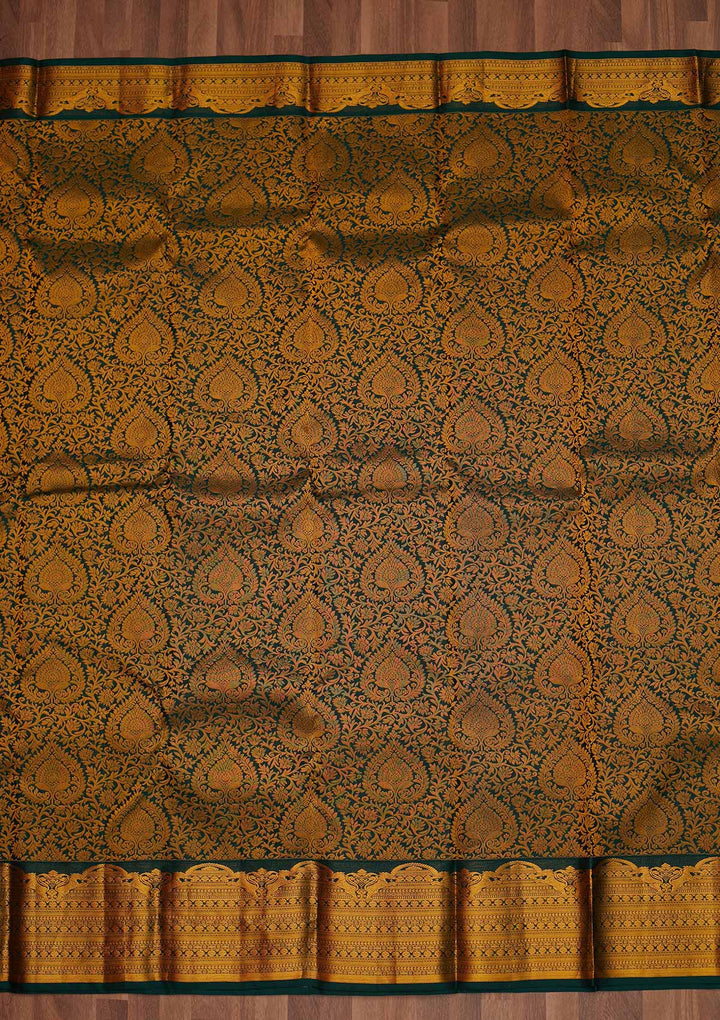 Bottle Green Zariwork Pure Silk Saree - Koskii