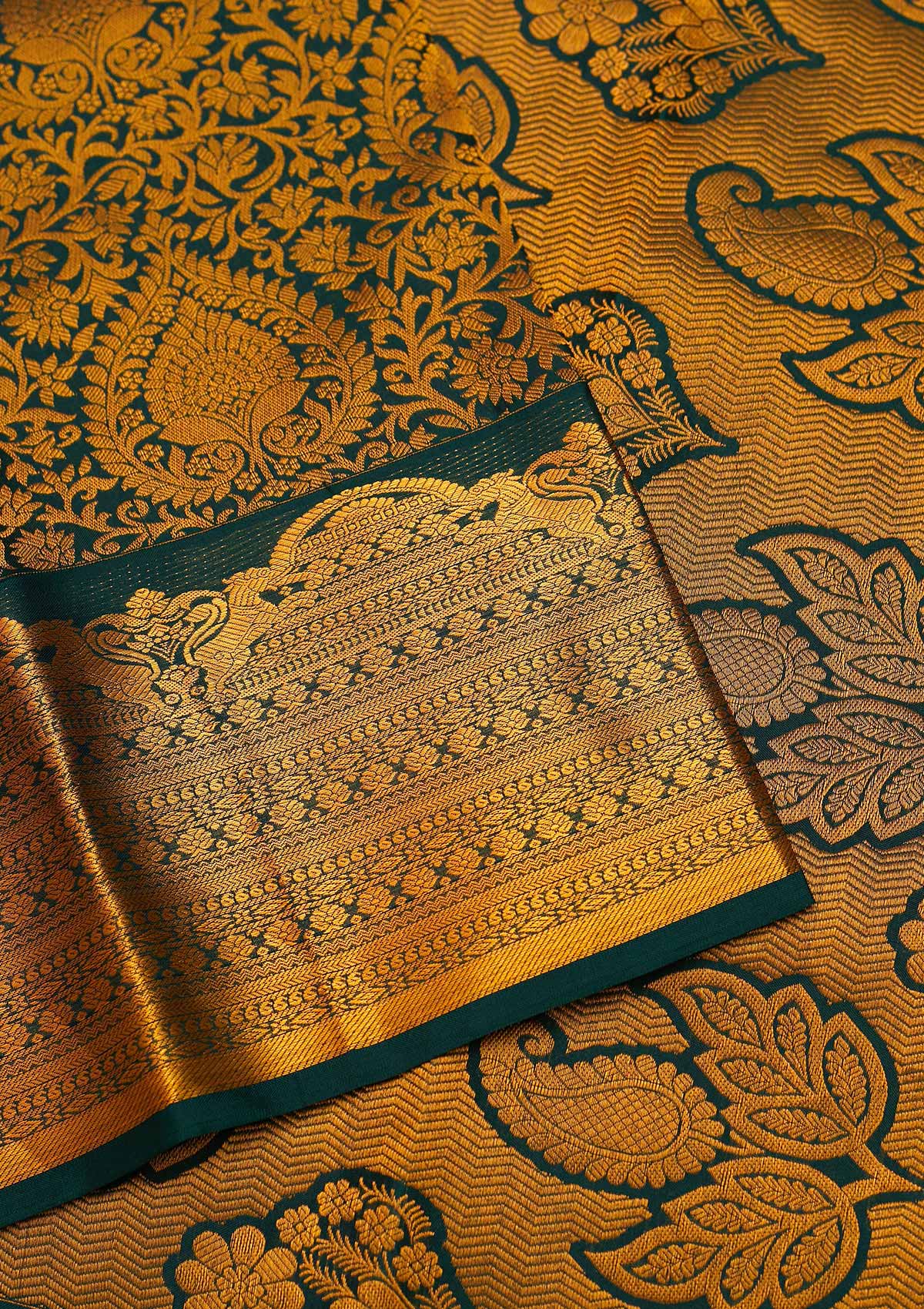 Bottle Green Zariwork Pure Silk Saree - Koskii