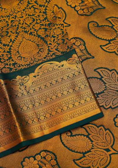 Bottle Green Zariwork Pure Silk Saree - Koskii