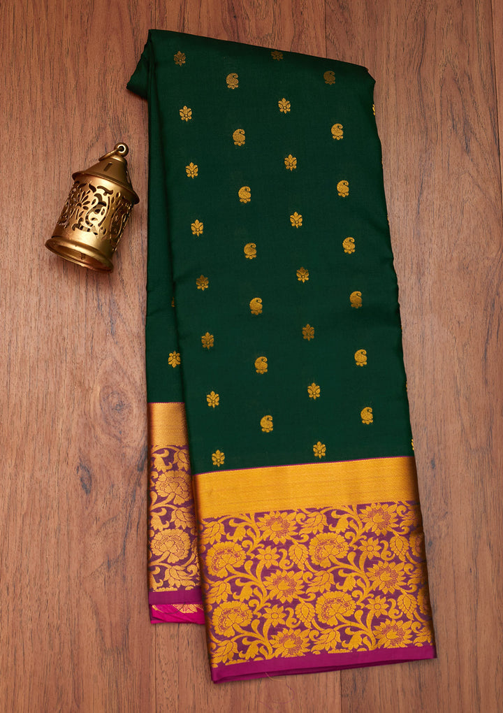 Bottle Green Zariwork Pure Silk Saree- Koskii