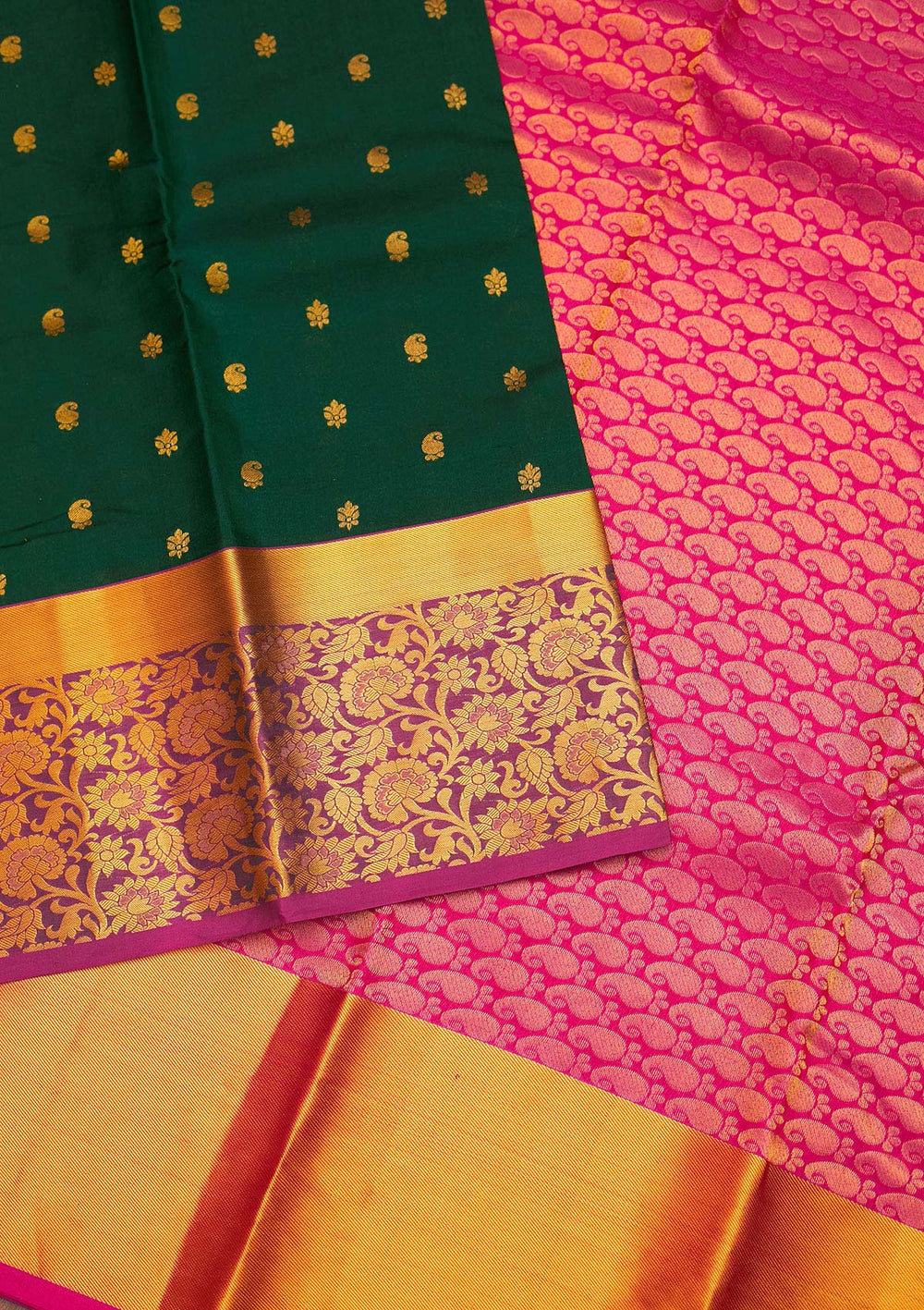 Bottle Green Zariwork Pure Silk Saree - Koskii
