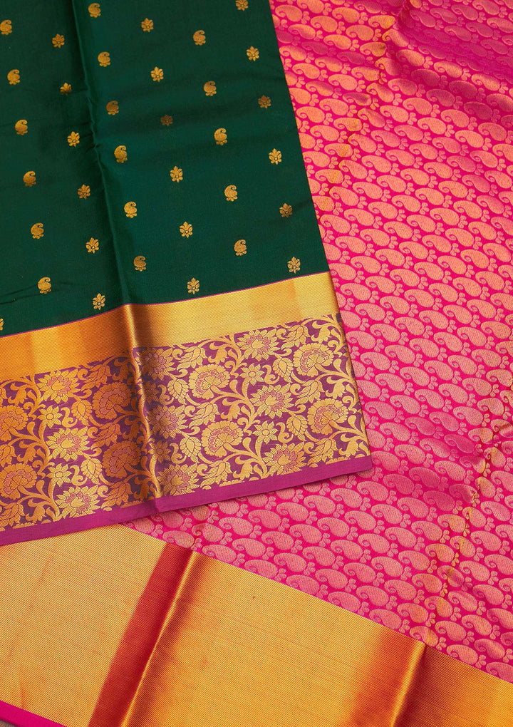 Bottle Green Zariwork Pure Silk Saree - Koskii