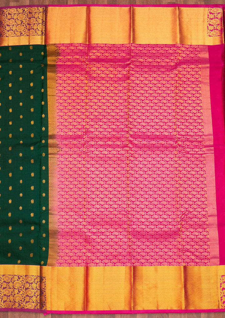 Bottle Green Zariwork Pure Silk Saree - Koskii
