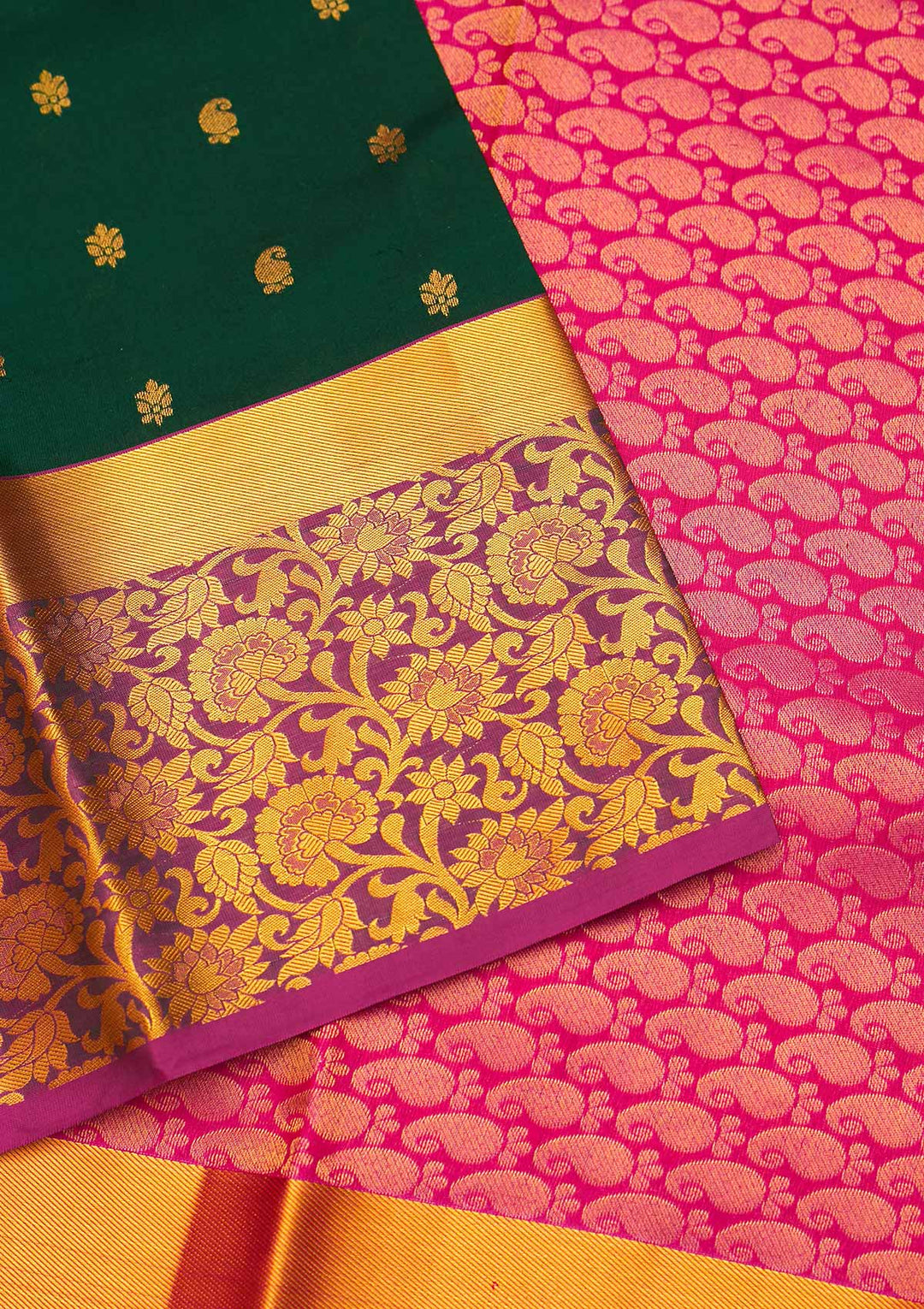 Bottle Green Zariwork Pure Silk Saree - Koskii
