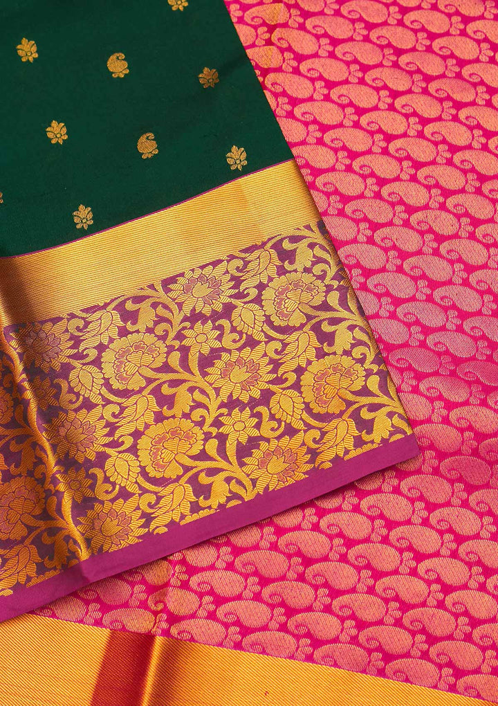 Bottle Green Zariwork Pure Silk Saree - Koskii