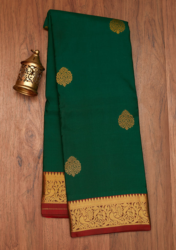 Bottle Green Zariwork Pure Silk Saree- Koskii