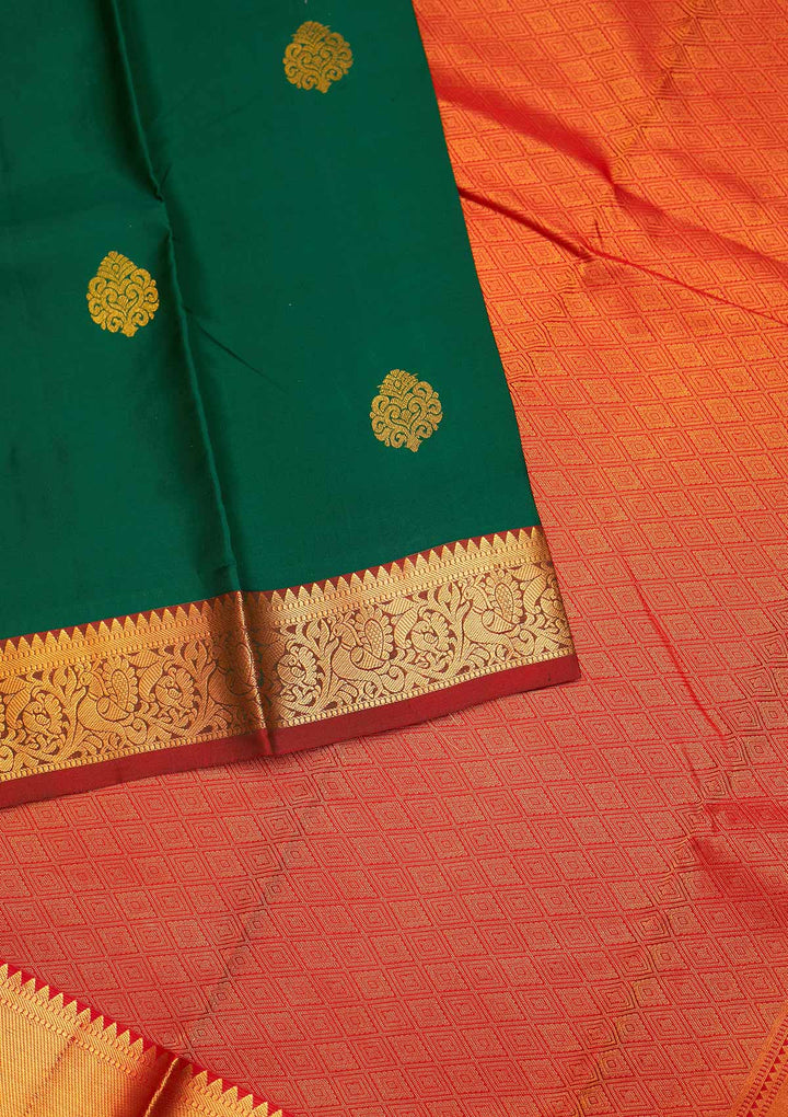 Bottle Green Zariwork Pure Silk Saree - Koskii