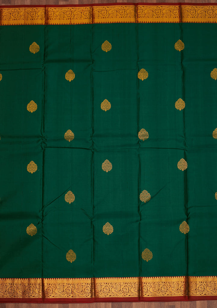 Bottle Green Zariwork Pure Silk Saree - Koskii