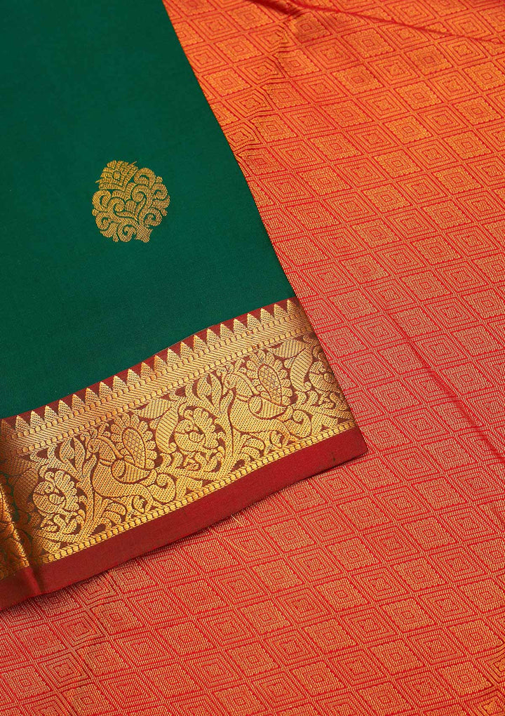 Bottle Green Zariwork Pure Silk Saree - Koskii
