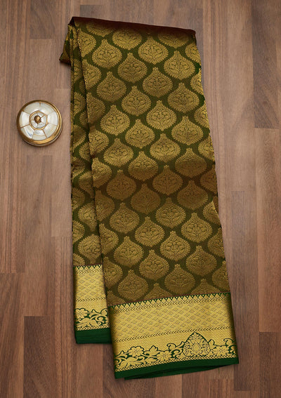 Bottle Green Zariwork Pure Silk Saree-Koskii