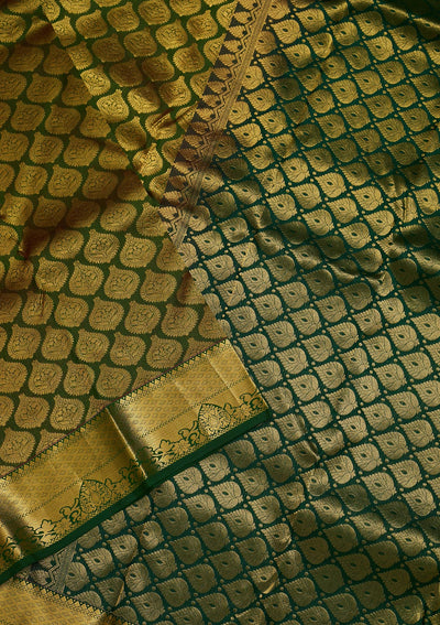 Bottle Green Zariwork Pure Silk Saree-Koskii