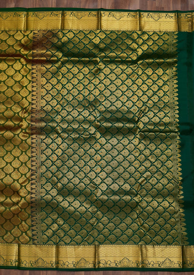 Bottle Green Zariwork Pure Silk Saree-Koskii