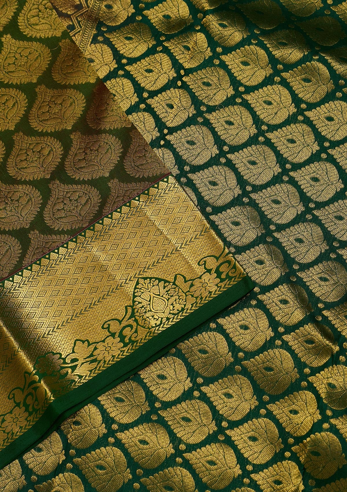 Bottle Green Zariwork Pure Silk Saree-Koskii