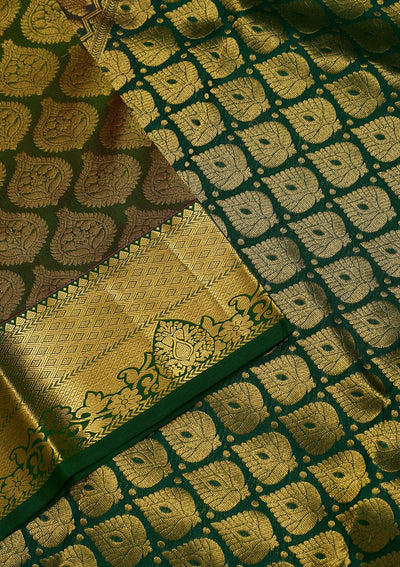 Bottle Green Zariwork Pure Silk Saree-Koskii