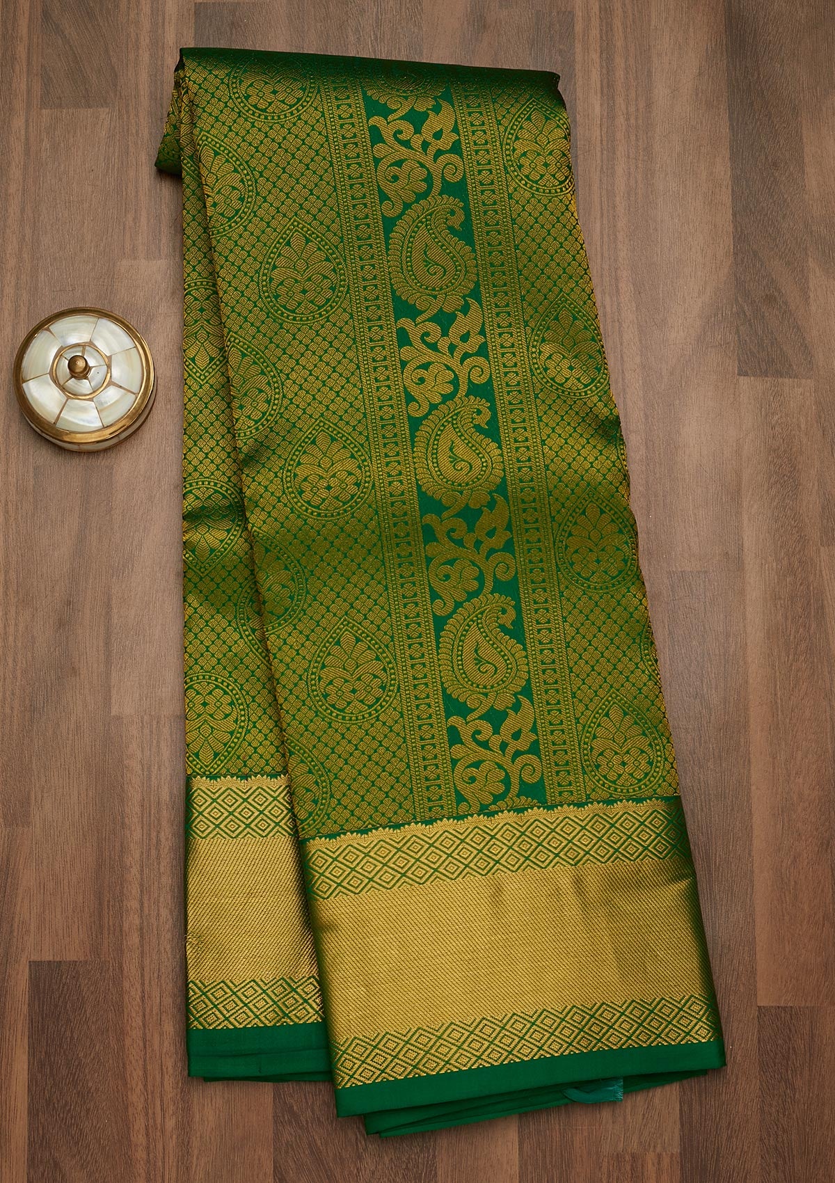 Bottle Green Zariwork Pure Silk Saree-Koskii
