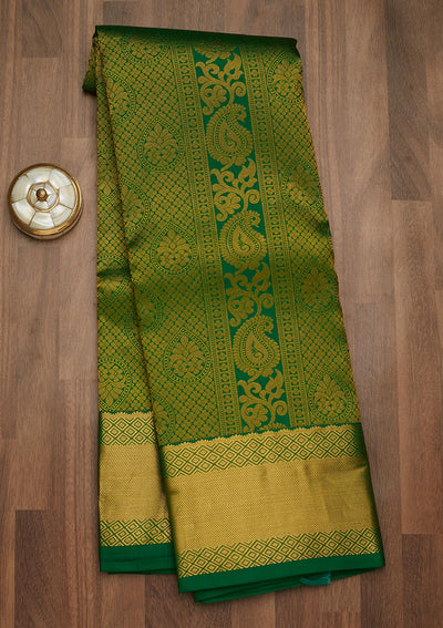 Bottle Green Zariwork Pure Silk Saree-Koskii