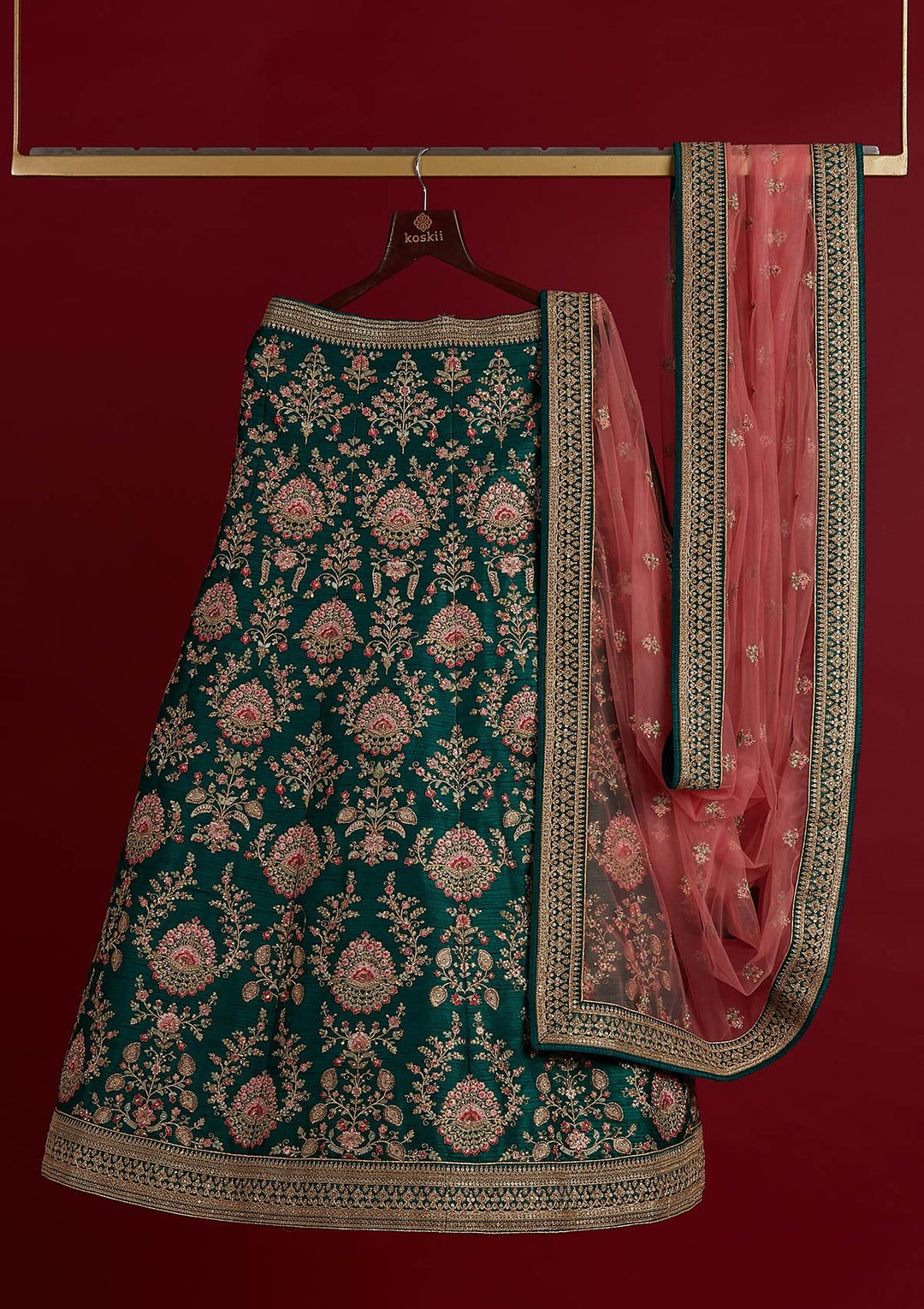 Bottle Green Zariwork Raw Silk Designer Semi-Stitched Lehenga - koskii