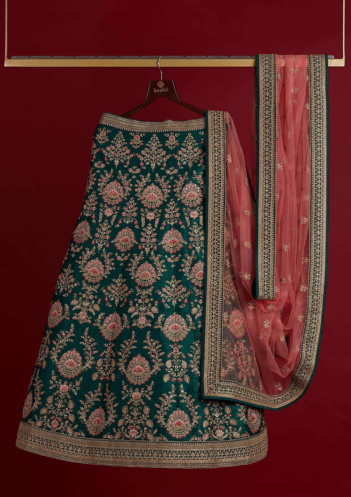 Bottle Green Zariwork Raw Silk Designer Semi-Stitched Lehenga - koskii