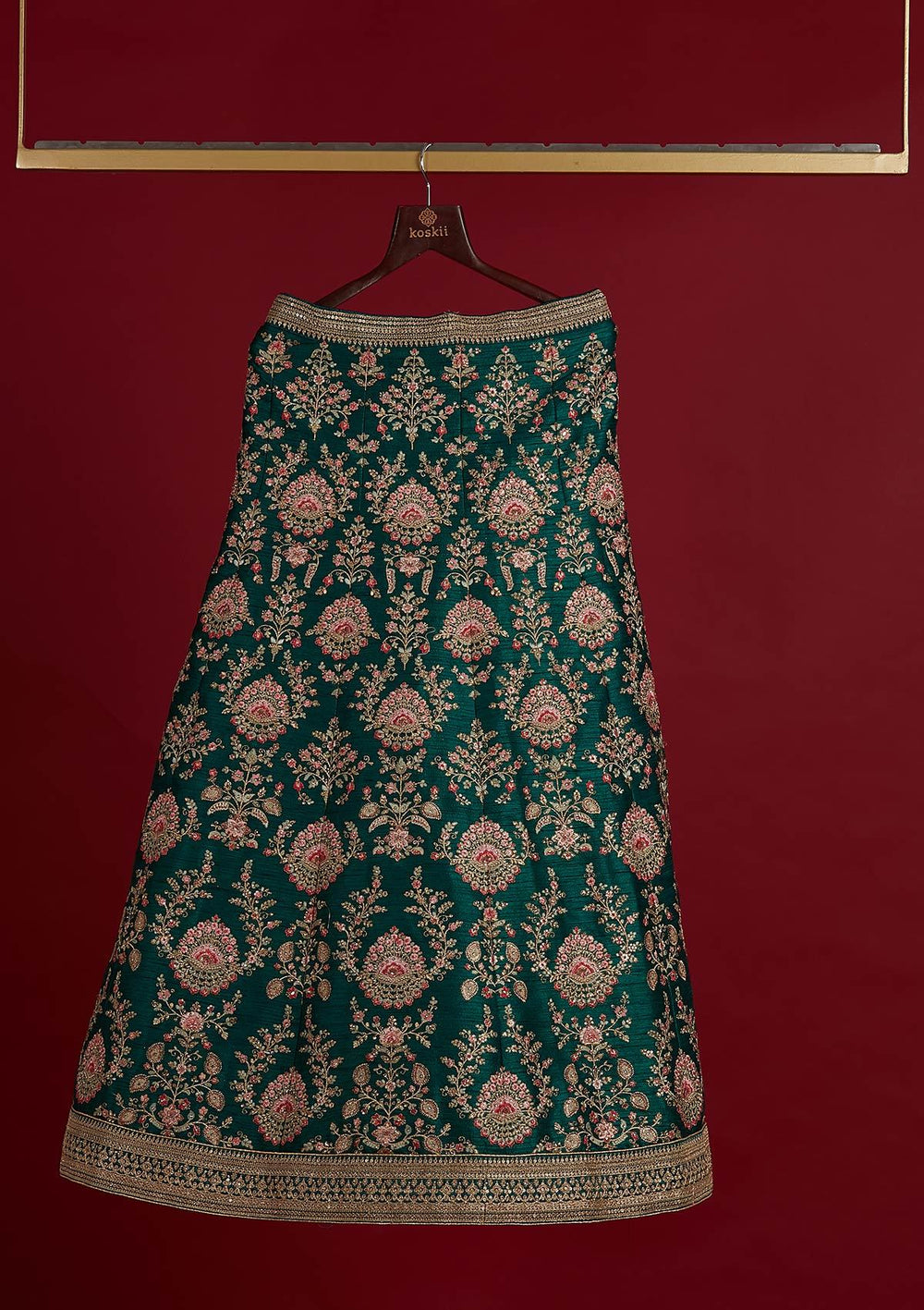 Bottle Green Zariwork Raw Silk Designer Semi-Stitched Lehenga - koskii
