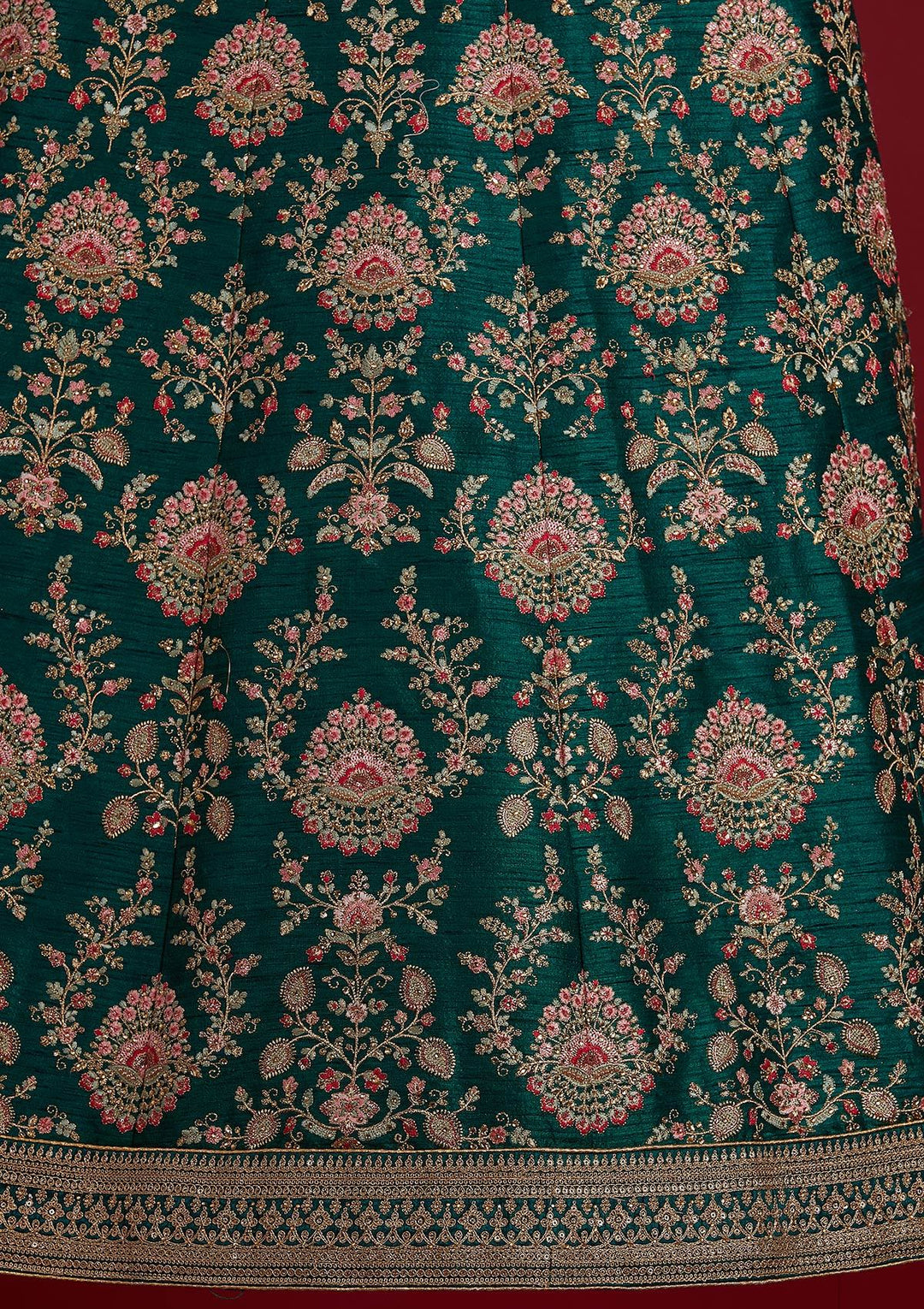 Bottle Green Zariwork Raw Silk Designer Semi-Stitched Lehenga - koskii