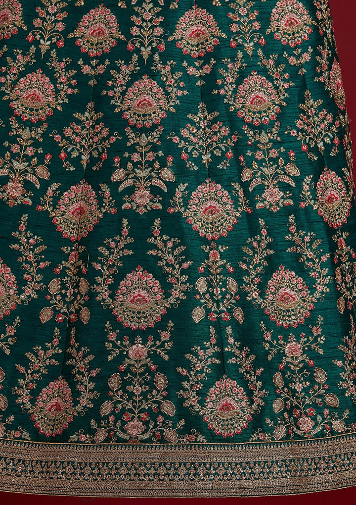 Bottle Green Zariwork Raw Silk Designer Semi-Stitched Lehenga - koskii