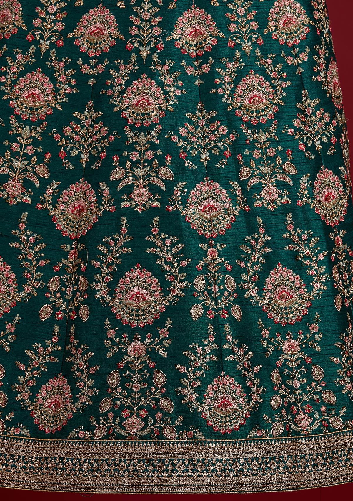 Bottle Green Zariwork Raw Silk Designer Semi-Stitched Lehenga - koskii