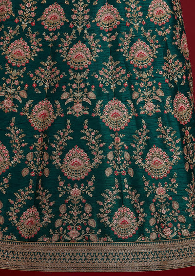 Bottle Green Zariwork Raw Silk Designer Semi-Stitched Lehenga - koskii