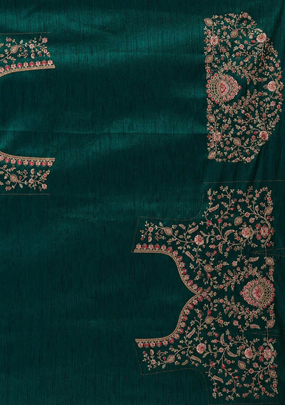 Bottle Green Zariwork Raw Silk Designer Semi-Stitched Lehenga - koskii