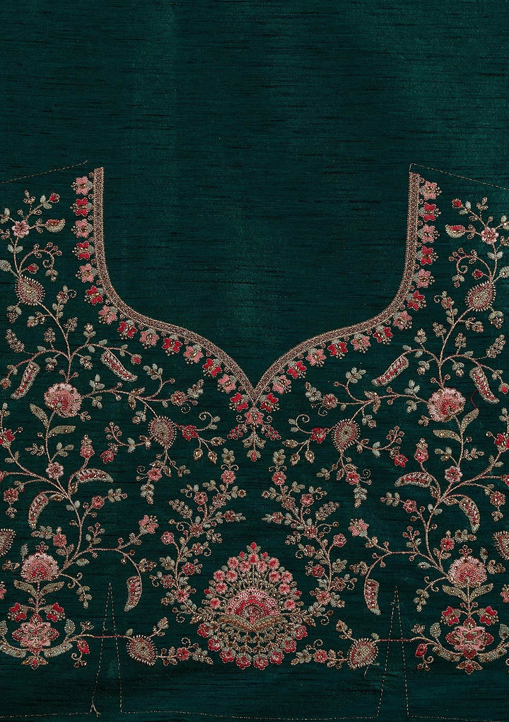 Bottle Green Zariwork Raw Silk Designer Semi-Stitched Lehenga - koskii