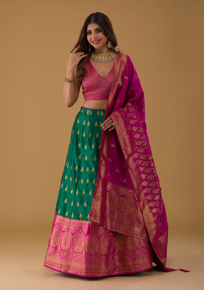 Bottle Green Zariwork Raw Silk Lehenga-Koskii