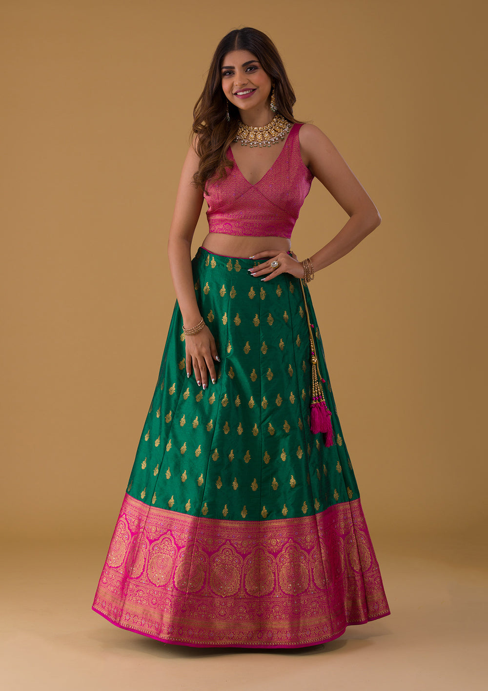 Bottle Green Zariwork Raw Silk Lehenga-Koskii