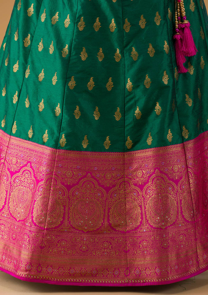 Bottle Green Zariwork Raw Silk Lehenga-Koskii