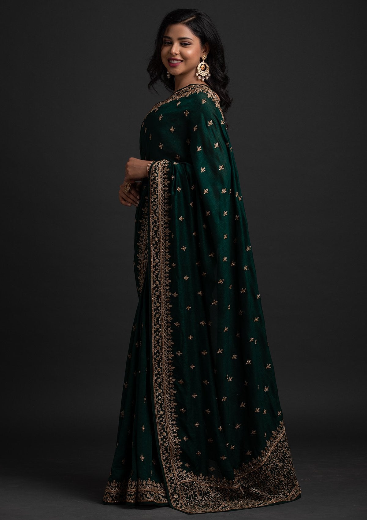 Bottle Green Zariwork Raw Silk Designer Saree - koskii