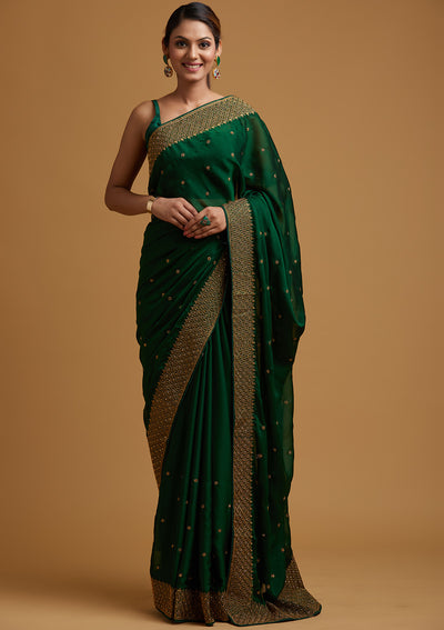 Bottle Green Zari Work Semi Crepe Designer Saree-Koskii