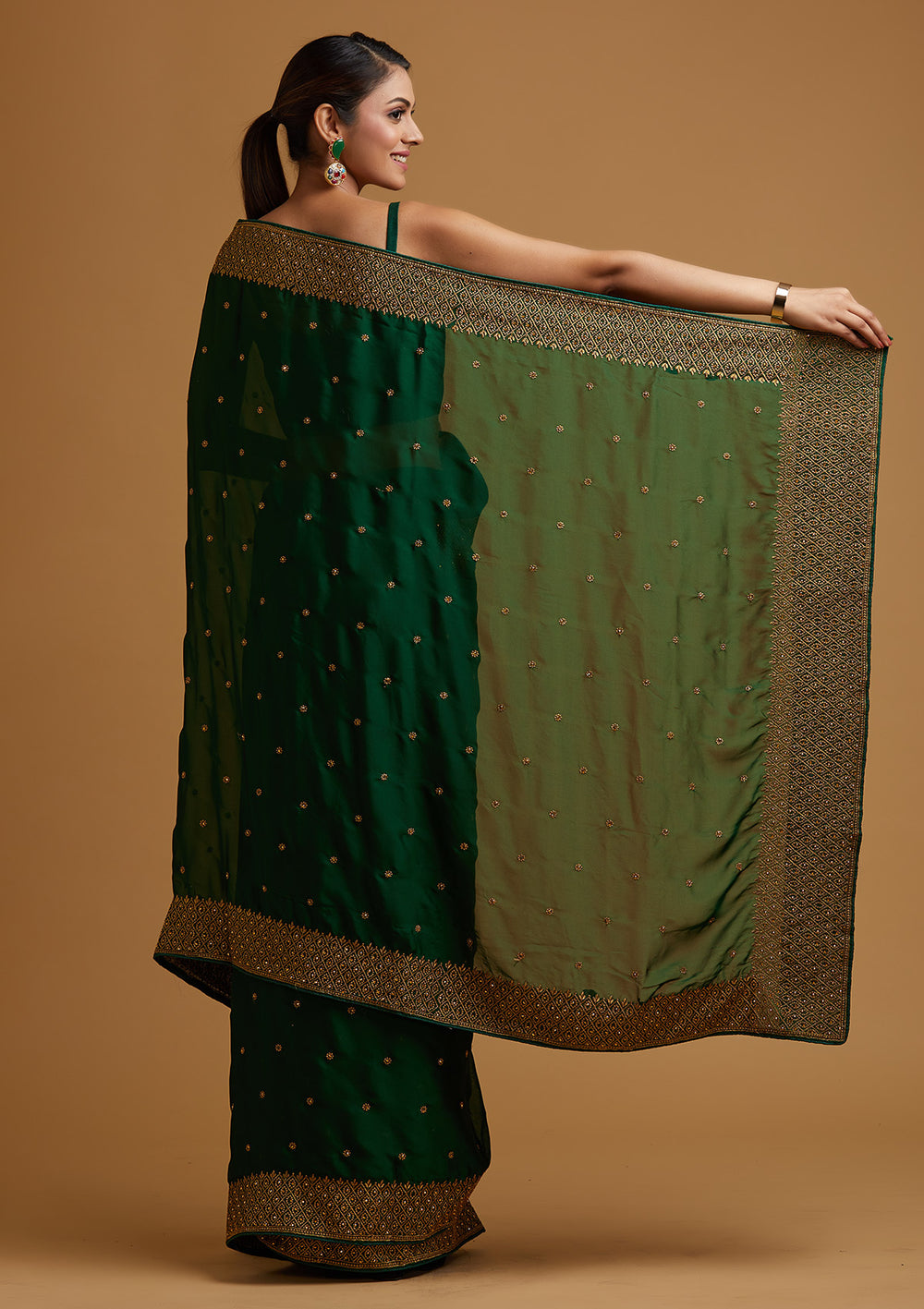 Bottle Green Zari Work Semi Crepe Designer Saree-Koskii