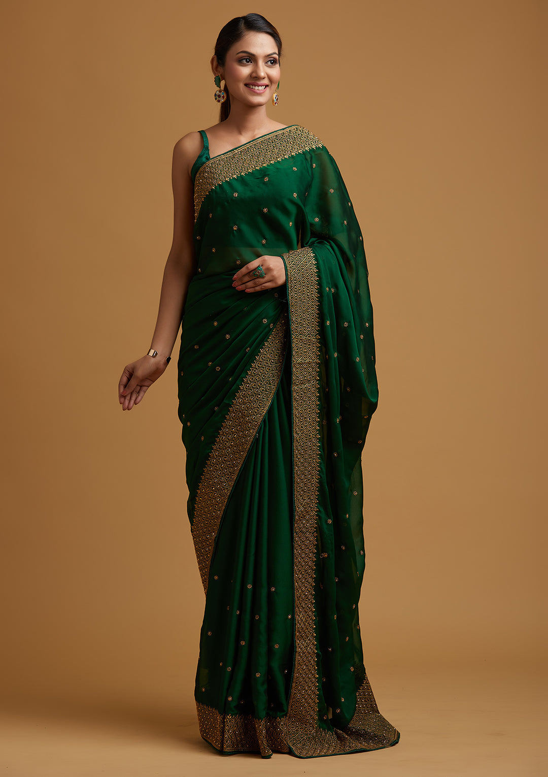 Bottle Green Zari Work Semi Crepe Designer Saree-Koskii