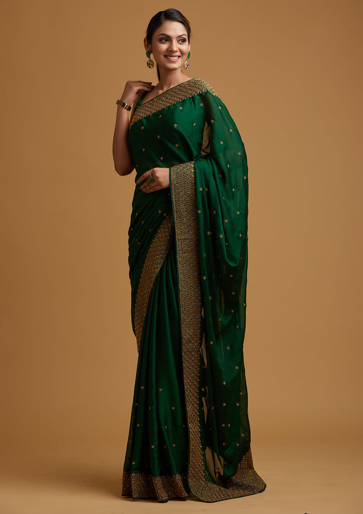 Bottle Green Zari Work Semi Crepe Designer Saree-Koskii