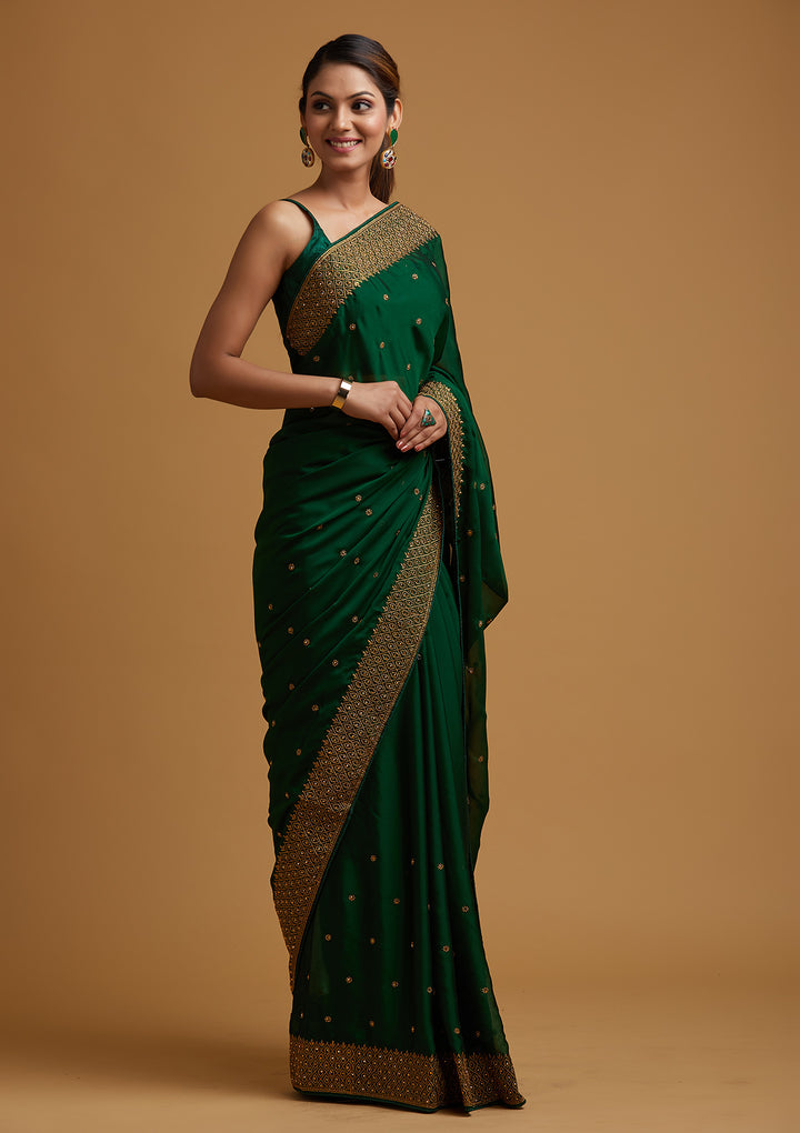 Bottle Green Zari Work Semi Crepe Designer Saree-Koskii