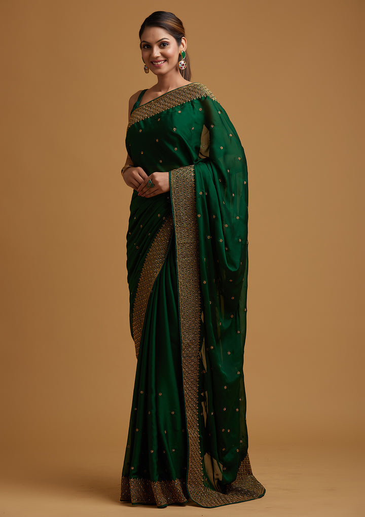 Bottle Green Zari Work Semi Crepe Designer Saree-Koskii