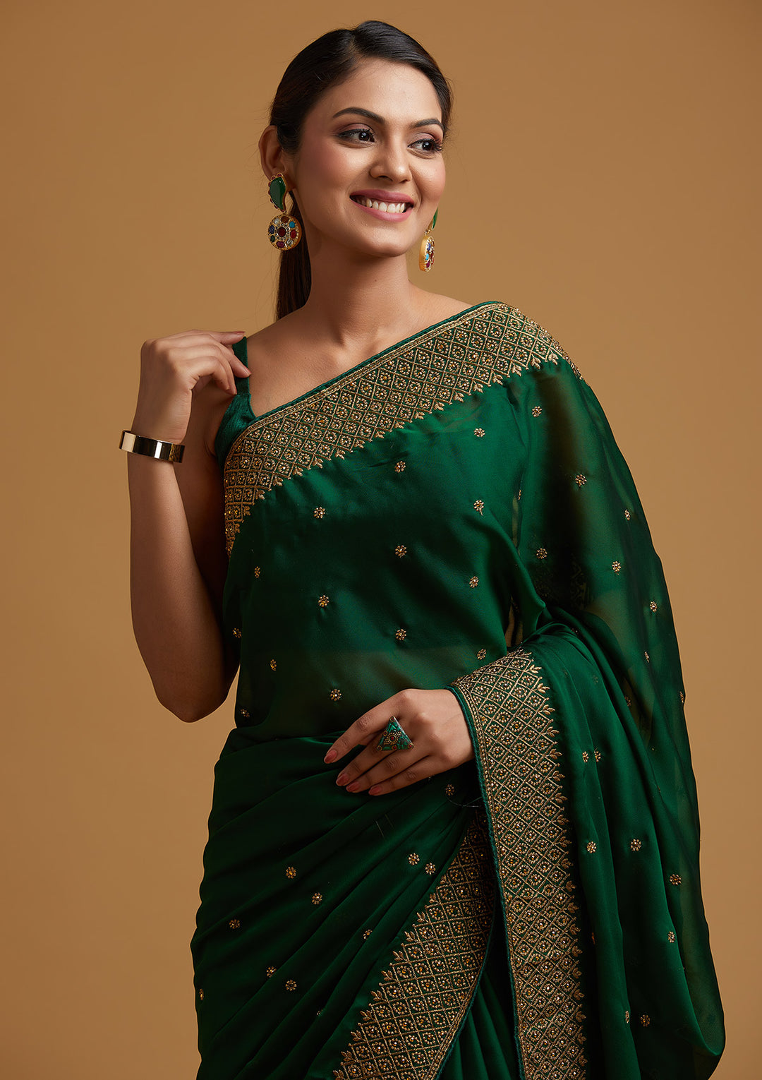 Bottle Green Zari Work Semi Crepe Designer Saree-Koskii