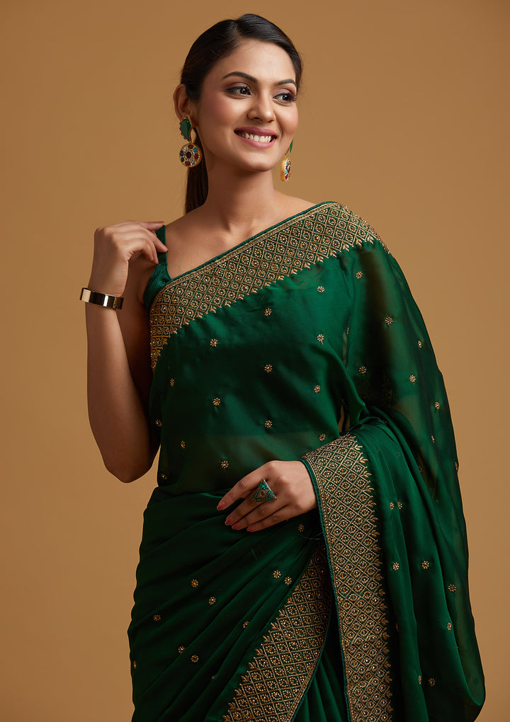 Bottle Green Zari Work Semi Crepe Designer Saree-Koskii