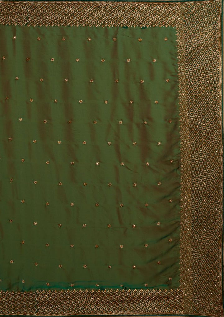 Bottle Green Zari Work Semi Crepe Designer Saree-Koskii