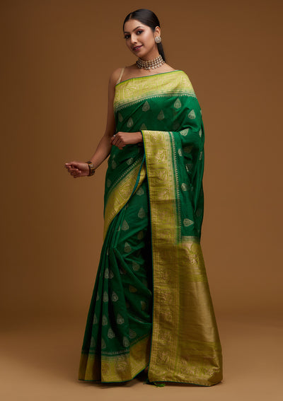Bottle Green Zariwork Raw Silk Designer Saree - Koskii