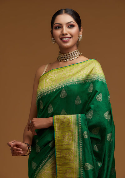 Bottle Green Zariwork Raw Silk Designer Saree - Koskii