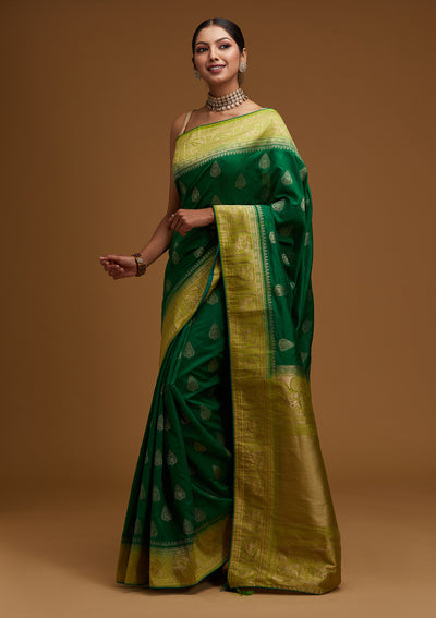 Bottle Green Zariwork Raw Silk Designer Saree - Koskii