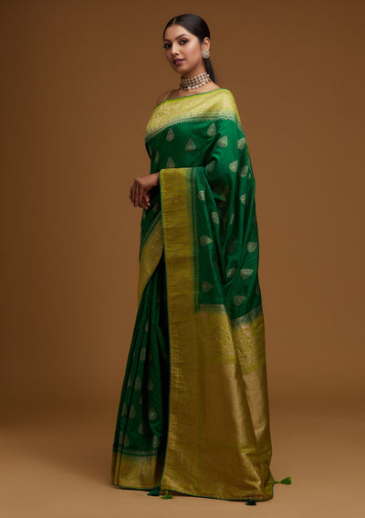 Bottle Green Zariwork Raw Silk Designer Saree - Koskii